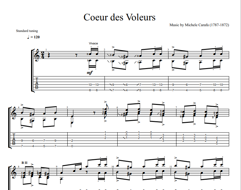 Michele Carafa -Coeur des Voleurs sheet music for guitar